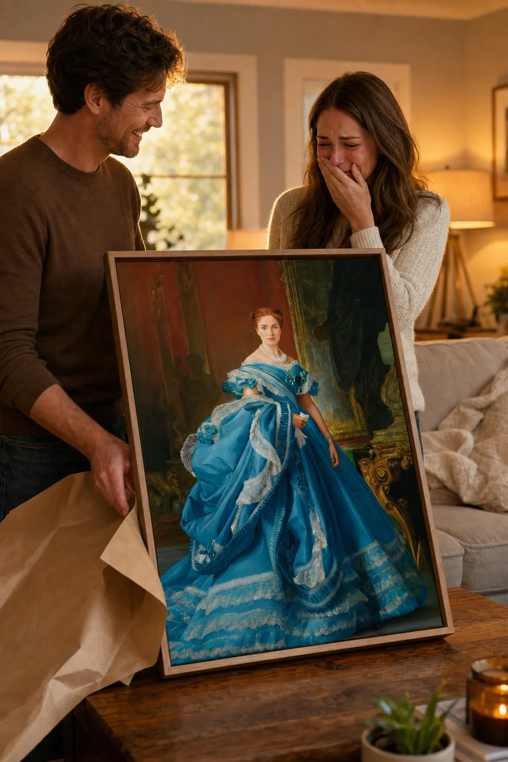 Couple unwrapping a queen canvas, one of the most sentimental gifts