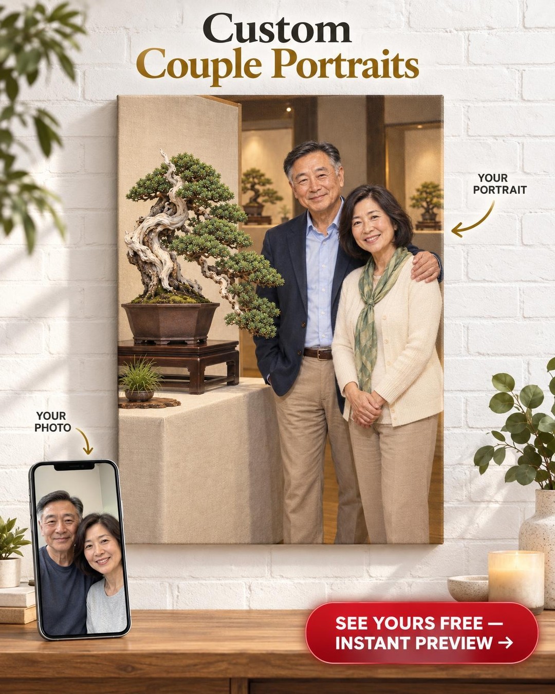 Exhibition Day Bonsai Couple Custom Portrait from Photo | Personalized Bonsai Portrait Gift