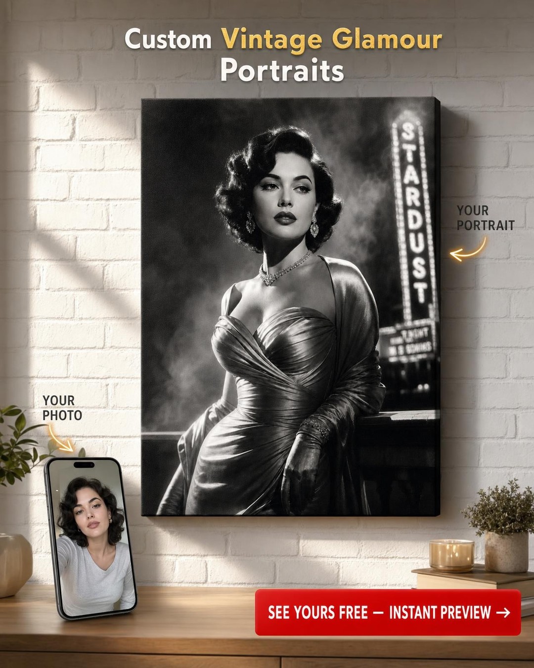 Vintage Hollywood Starlet Custom Portrait from Photo | Personalized For Her Gift