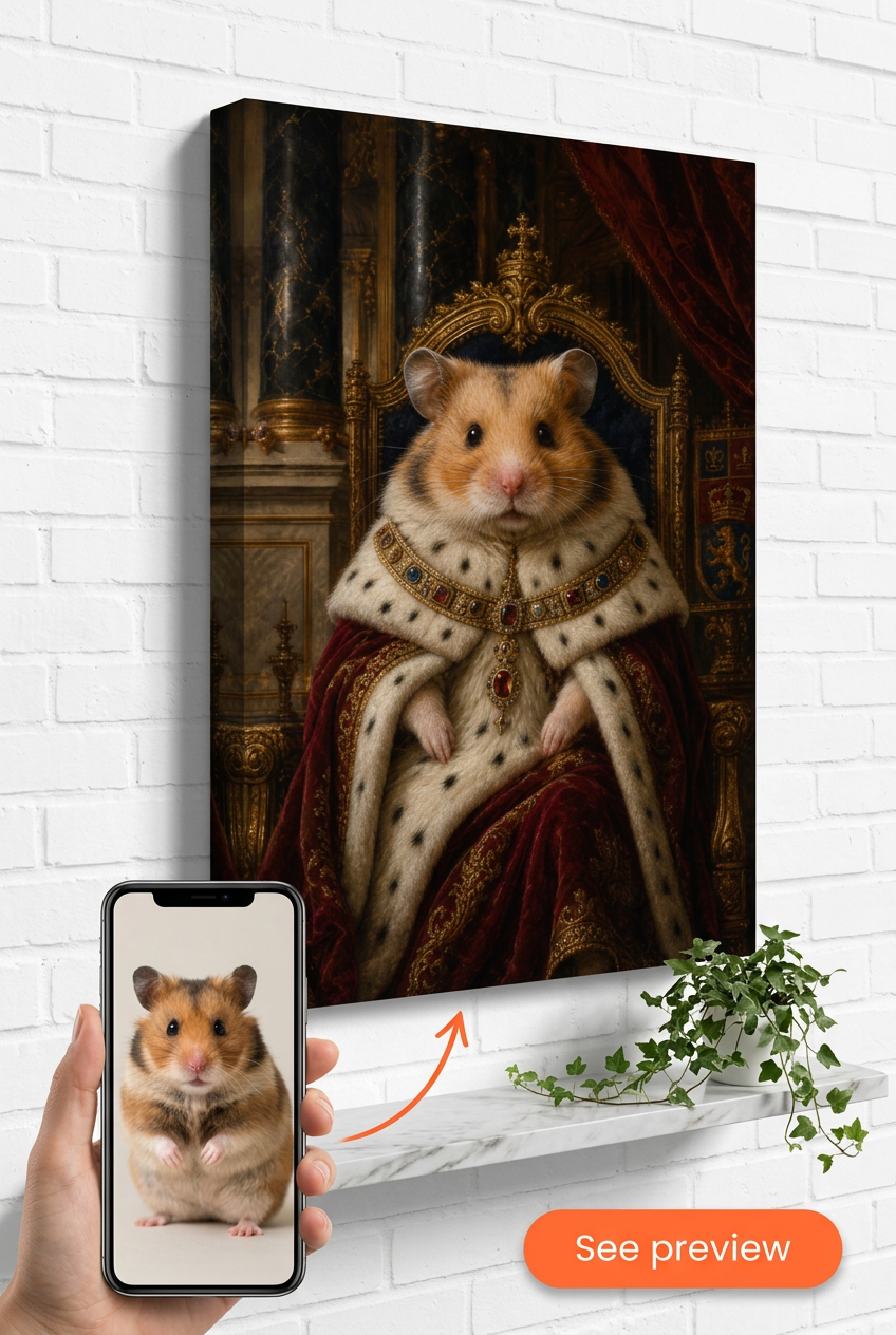 Custom Royal Cat Portrait — Whimsical Throne Canvas from Photo