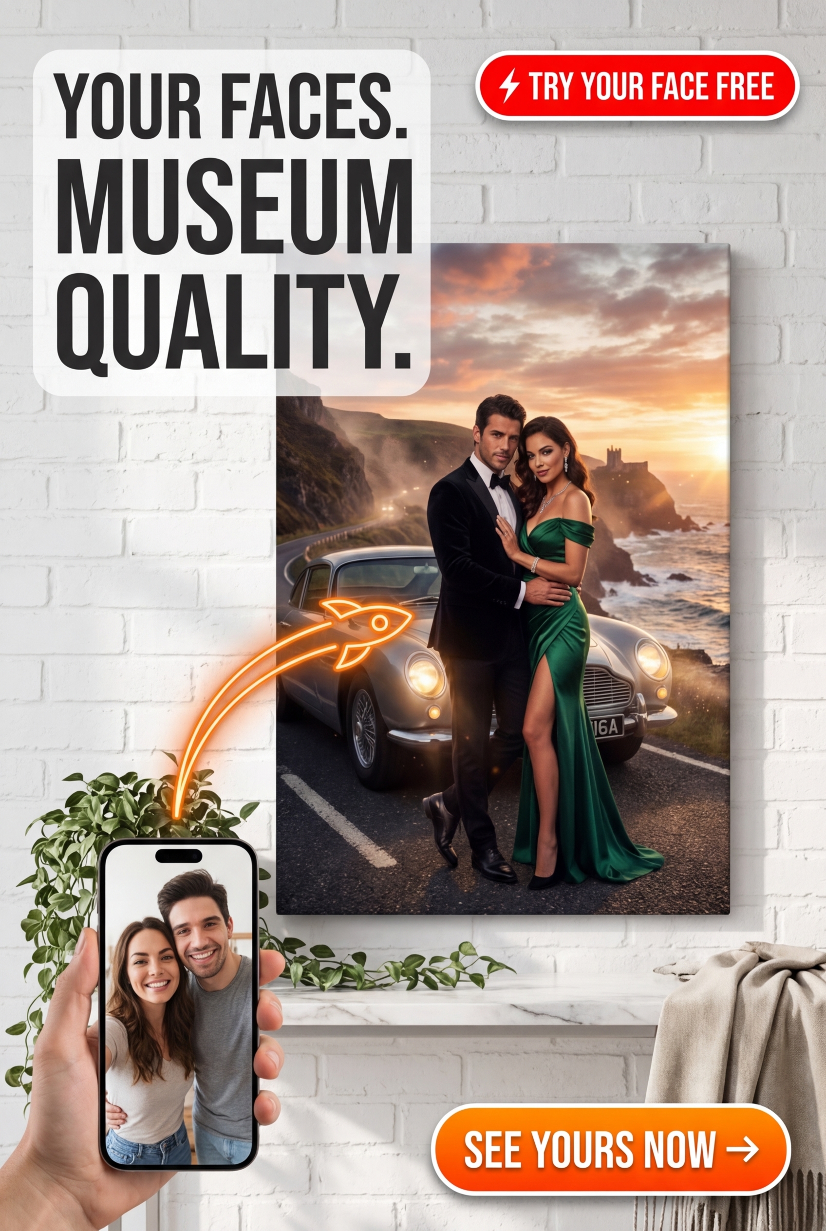 Custom Royal Couple Portrait — Romantic Sunset Canvas from Photo