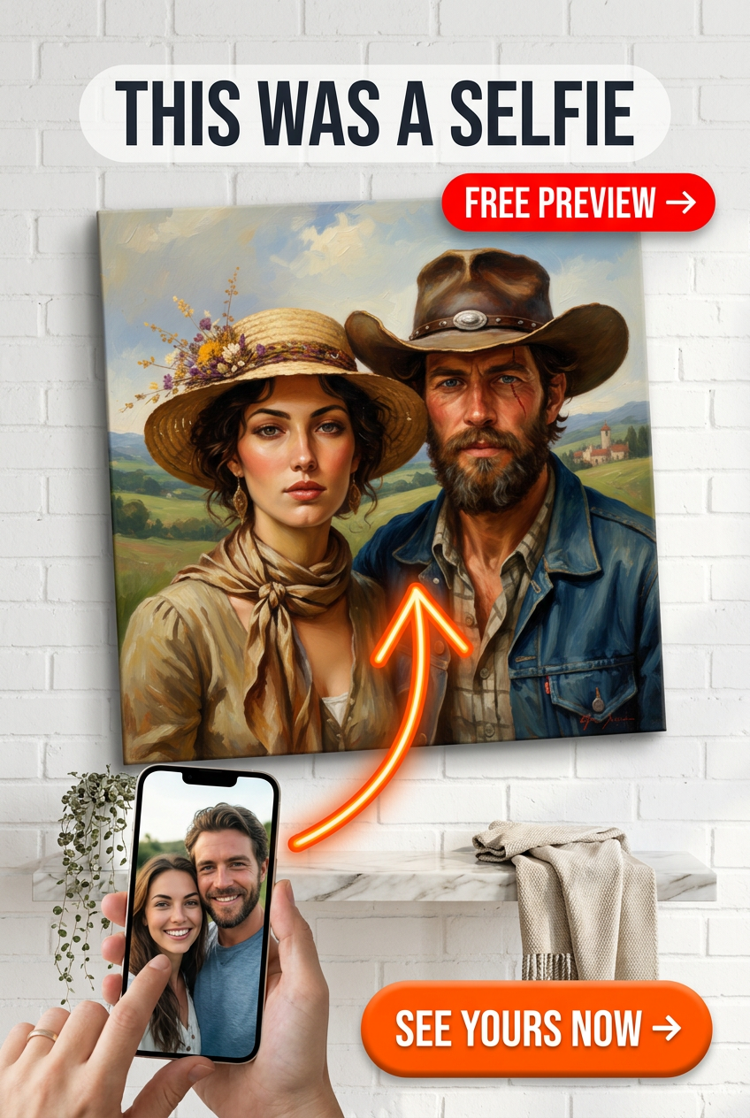 Custom Cowboy Couple Portrait — Romantic Canvas from Photo