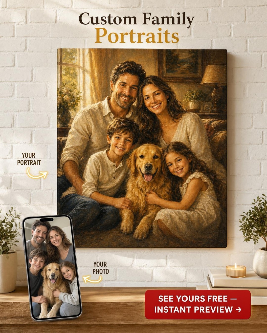 Custom Family Portrait — Serene Golden Retriever Moment from Photo