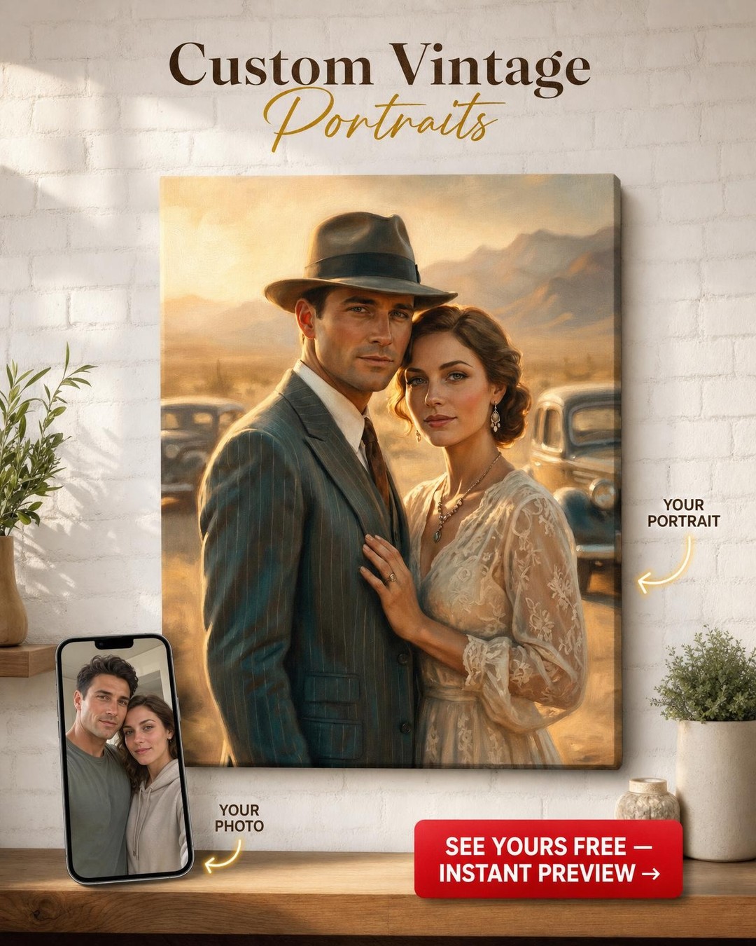 Custom Cowboy Couple Portrait — Romantic Vintage Canvas