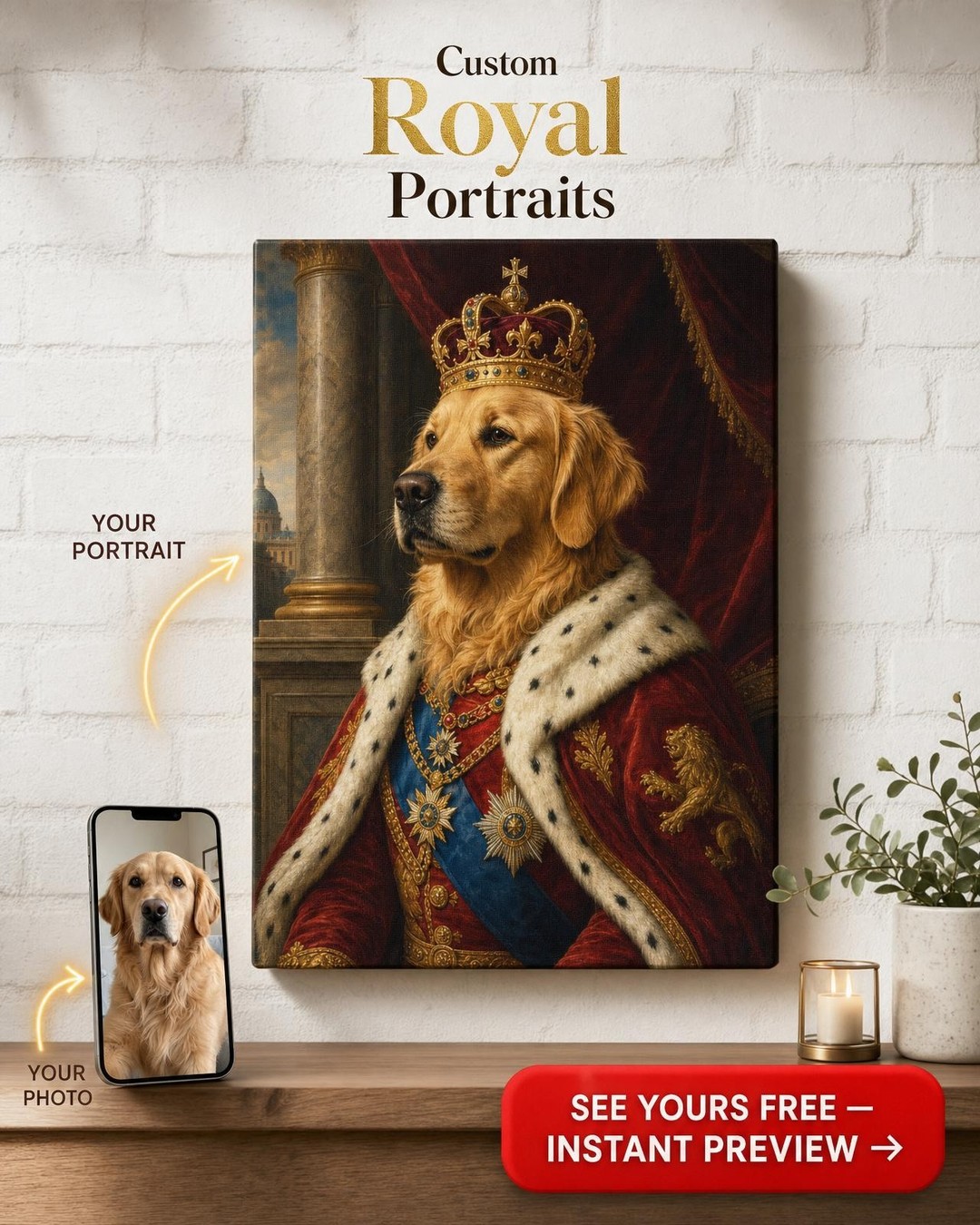 Custom Royal Pet Dog Portrait — Regal Crown Canvas from Photo