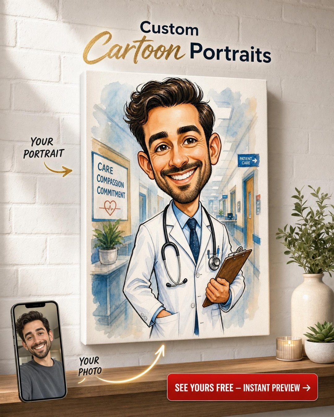Heroic Doctor Caricature Canvas Art