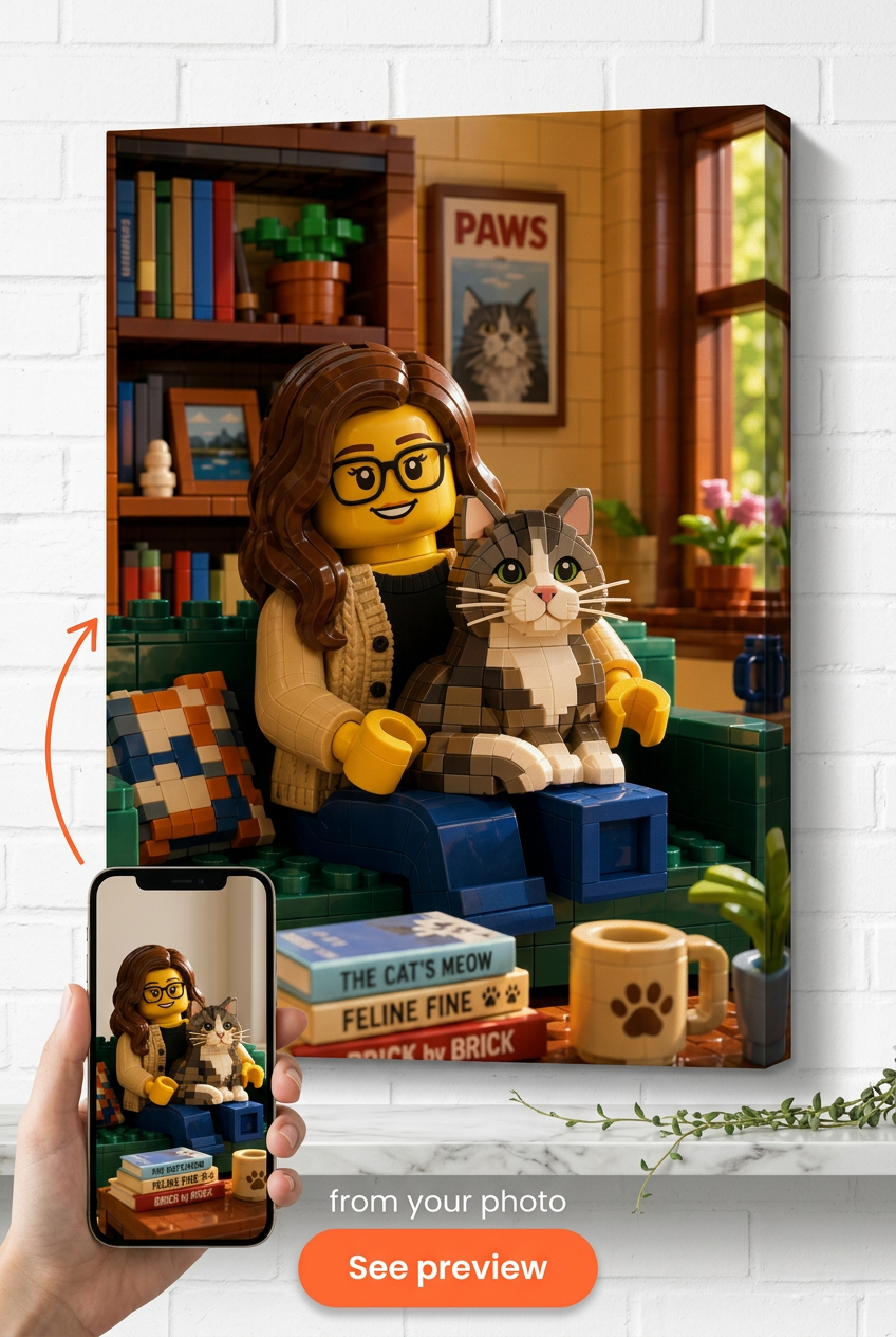 Custom Brick Minifigure Cat Owner Portrait from Photo | Personalized Gift