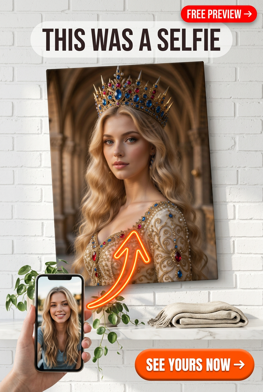 Custom Royal Woman Portrait — Regal Crown & Jewels Canvas