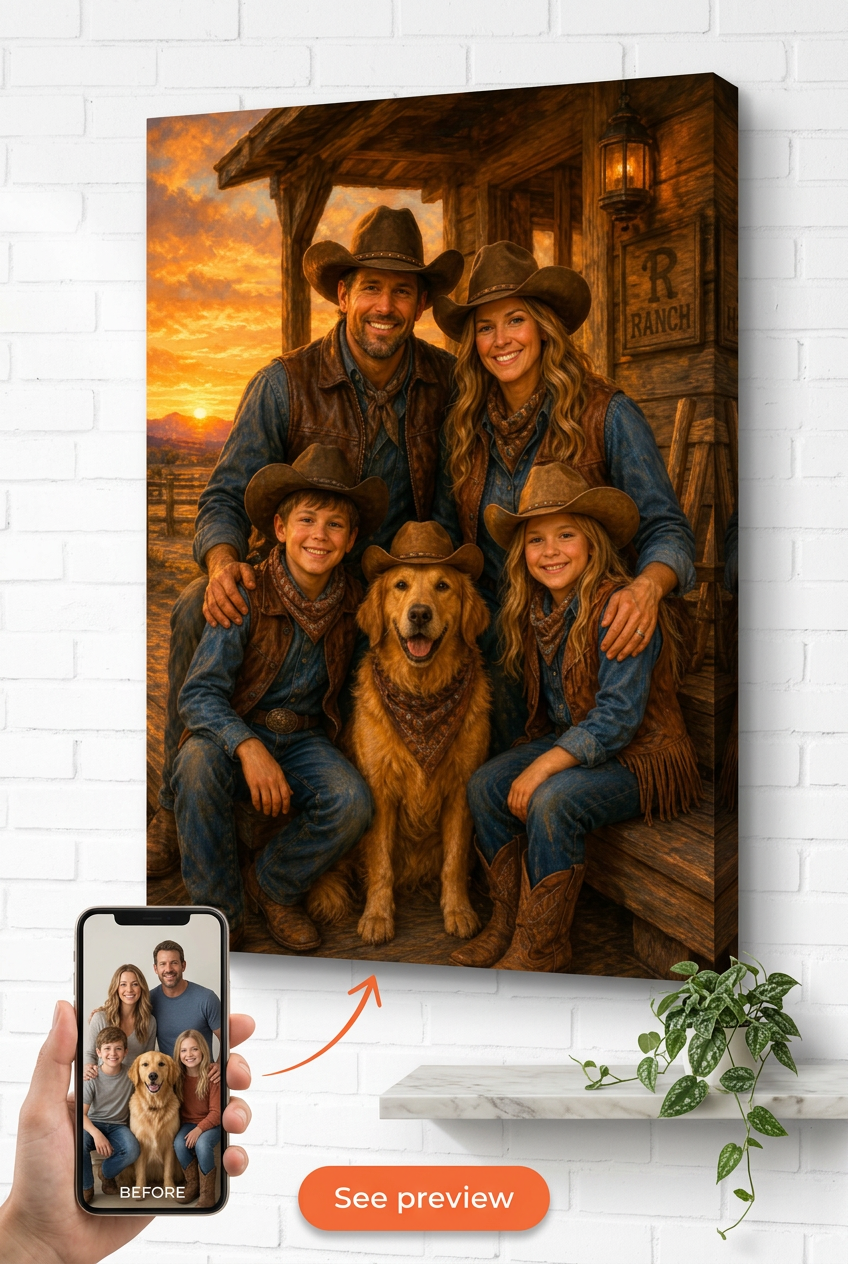 Custom Cowboy Family Portrait — Golden Retriever Canvas Art