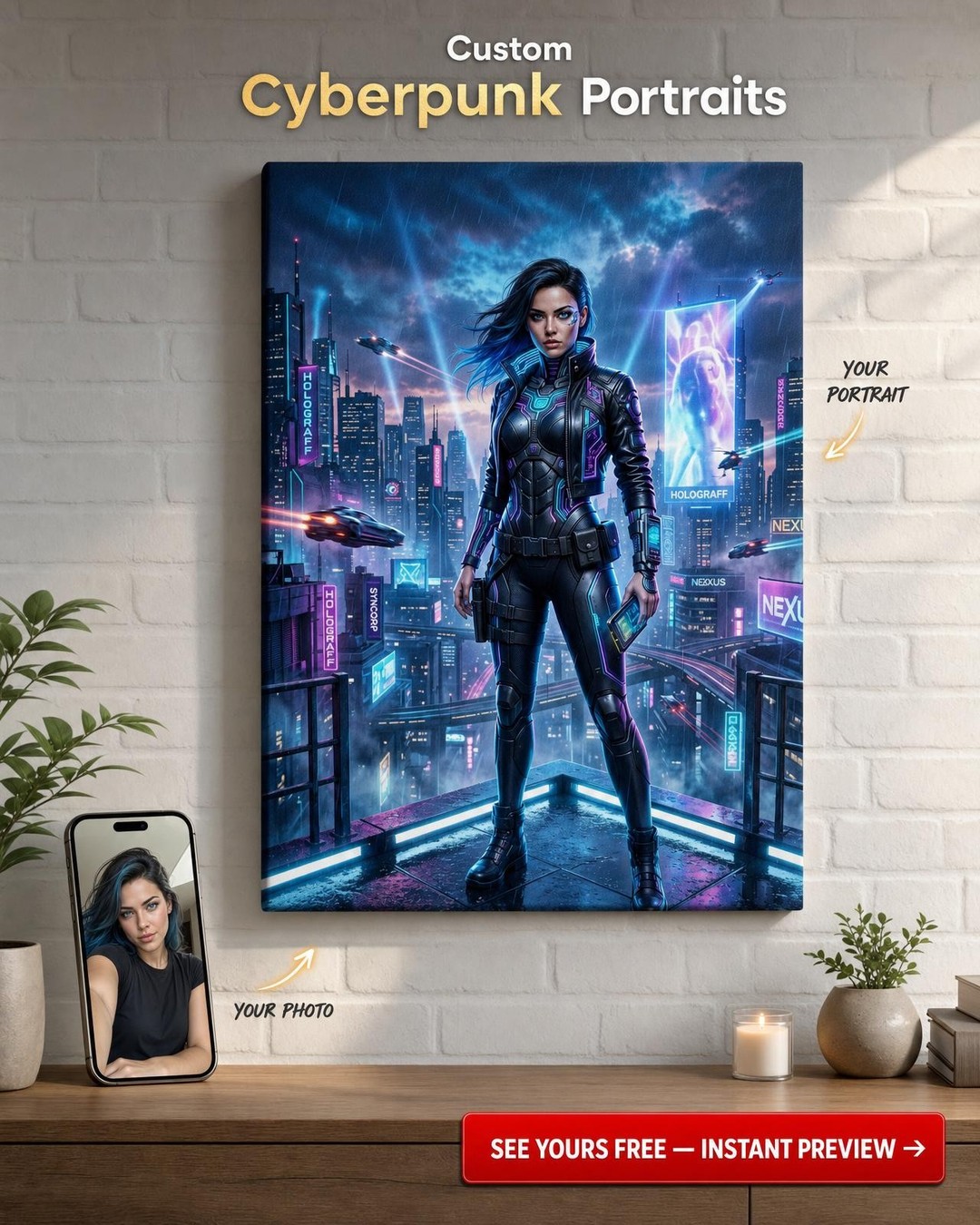 Custom Cyberpunk Single Man Portrait — Heroic Neon Canvas for Woman