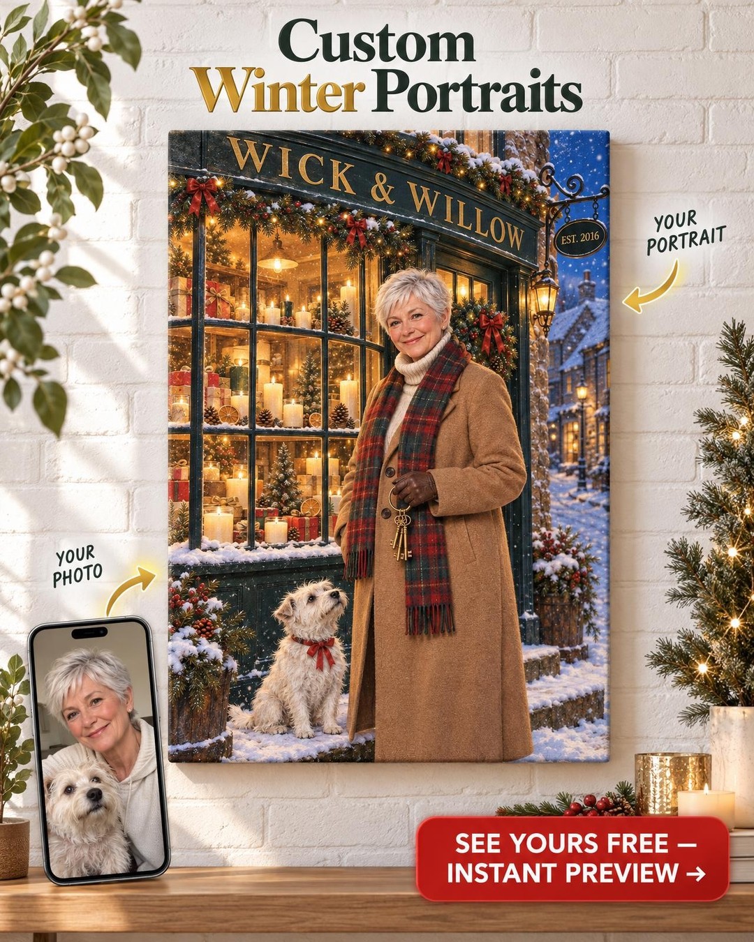Christmas in the Window Custom Portrait from Photo | Personalized Her Business Portrait Gift