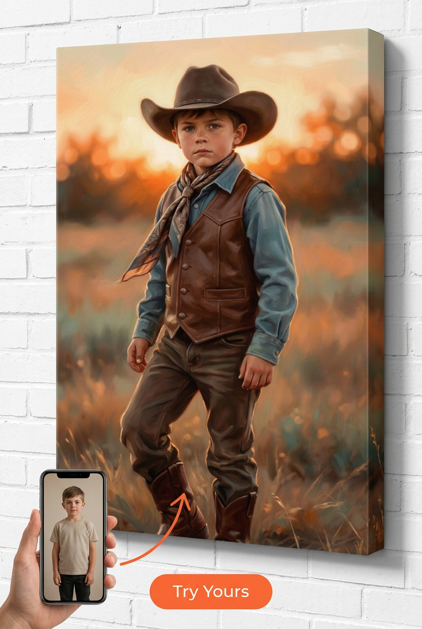 Custom Cowboy Portrait for Boys — Heroic Western Canvas Art