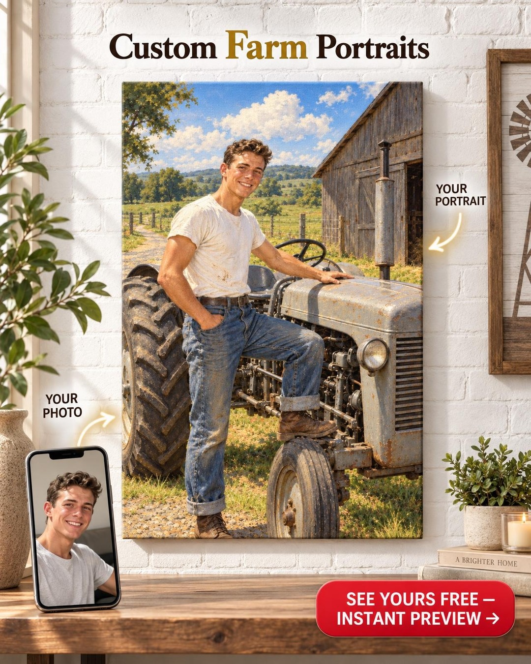 His First Tractor 1955 Custom Portrait from Photo | Personalized Family Farm Gift