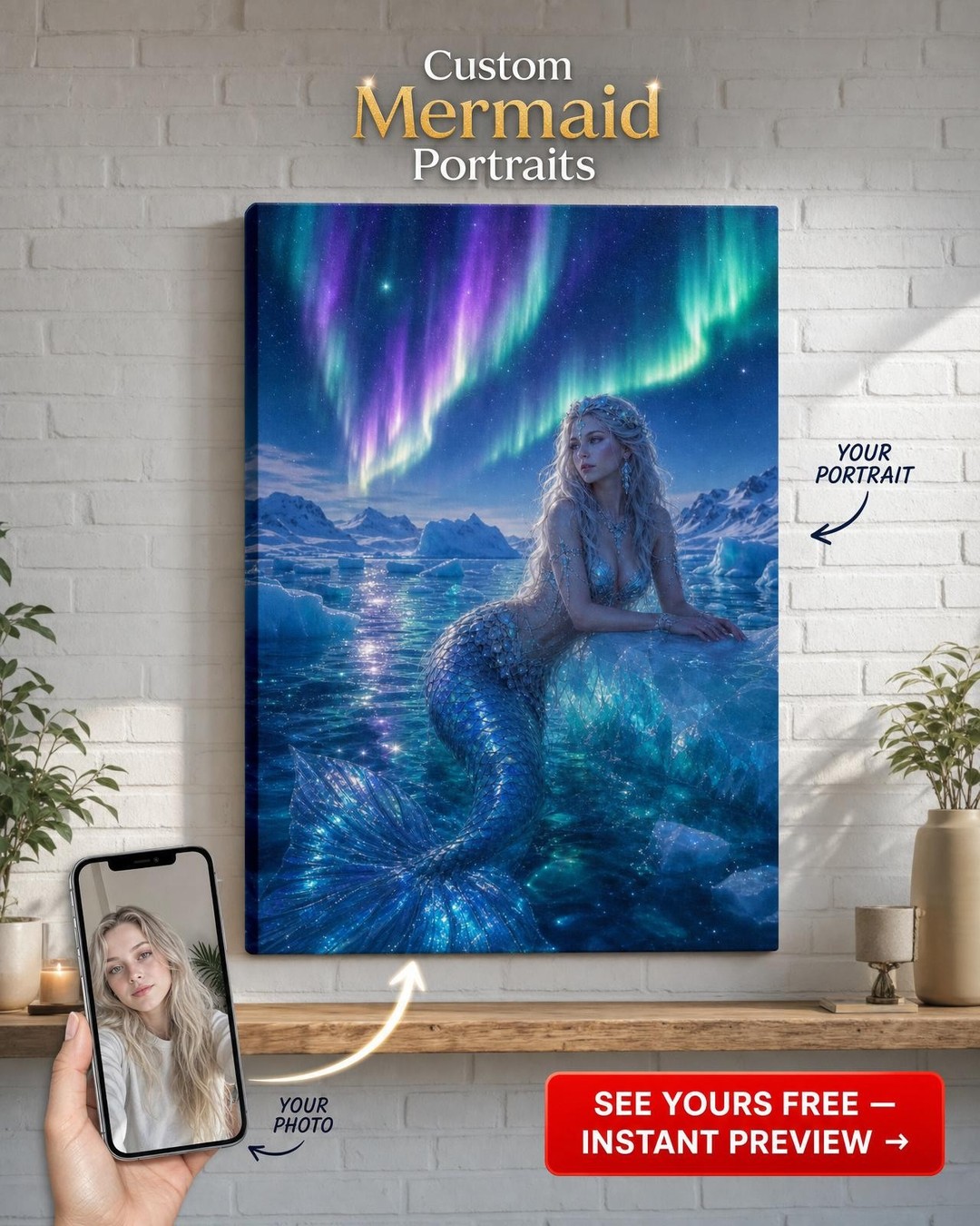 Aurora Arctic Mermaid Custom Portrait from Photo | Personalized Canvas Gift