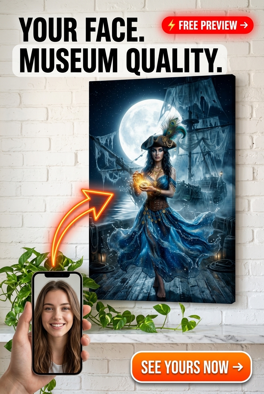 Custom Pirate Woman Portrait — Whimsical Ocean Magic Canvas