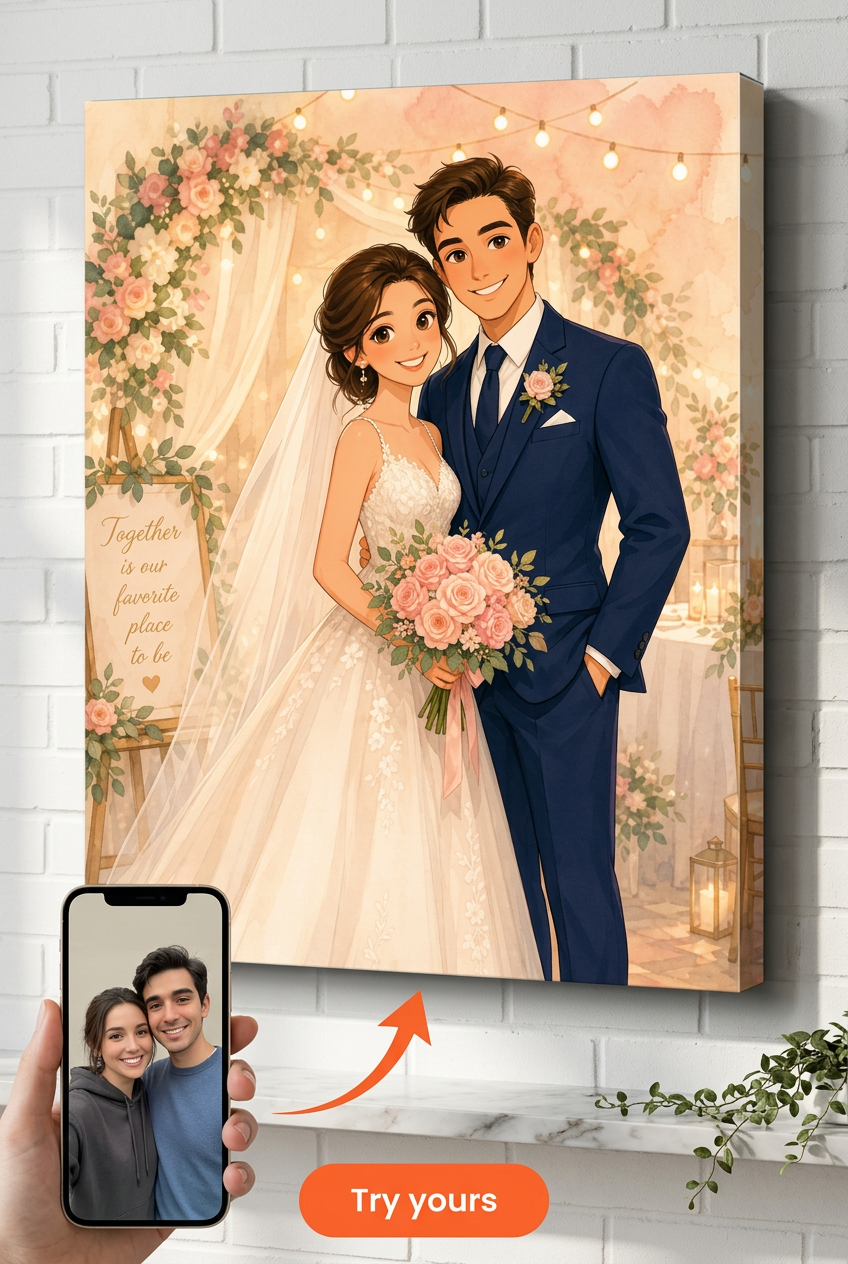 Custom Cartoon Couple Portrait — Romantic Wedding Canvas from Photo