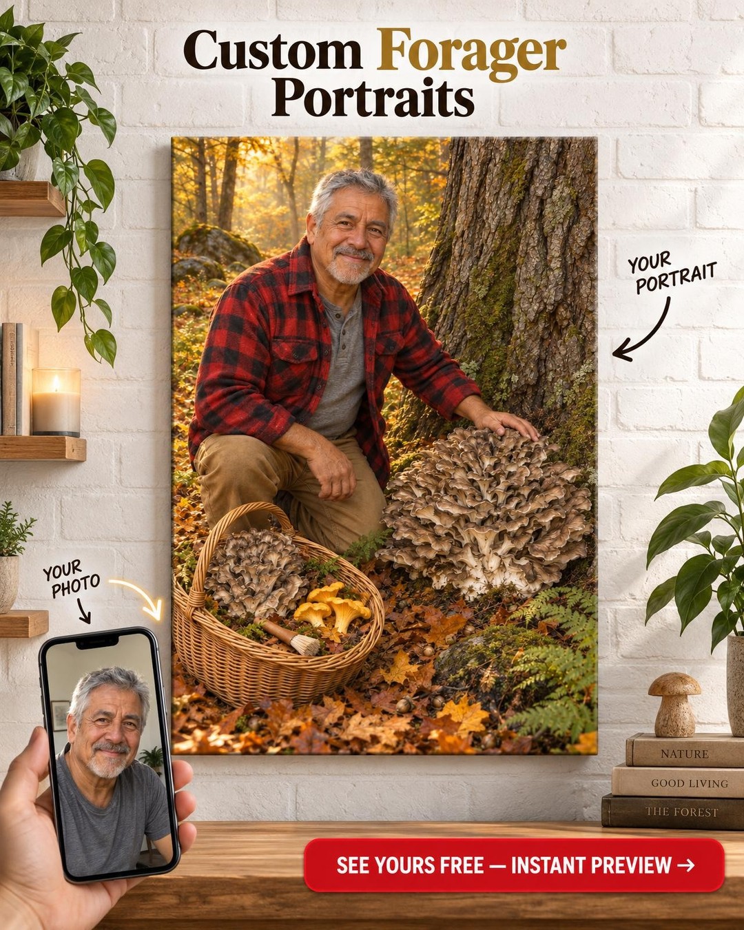 Hen-of-the-Woods Custom Portrait from Photo | Personalized Mushroom Foraging Gift