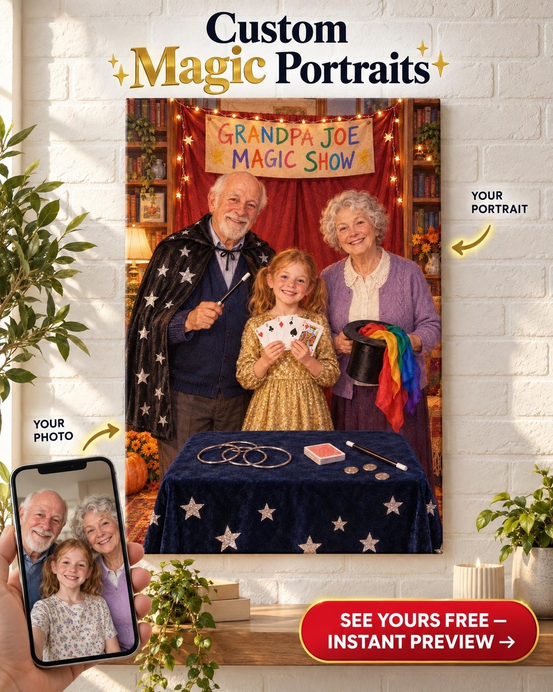 Living-Room Magic Show Custom Portrait from Photo | Personalized Stage Magic Gift