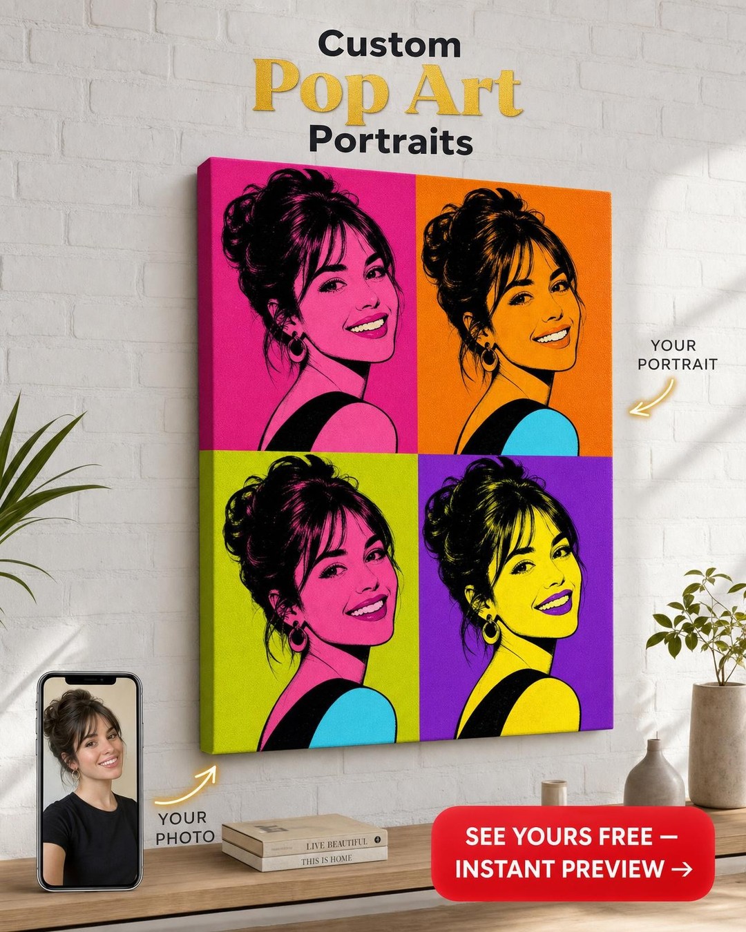 Custom PopArt Single Woman Portrait — Whimsical Canvas for Him