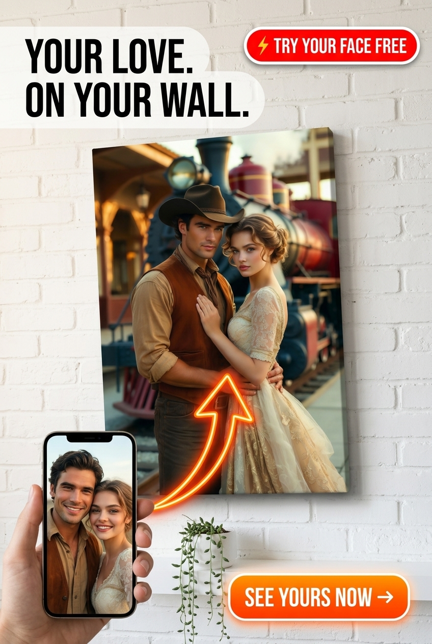 Custom Cowboy Couple Portrait — Romantic Train Scene Canvas