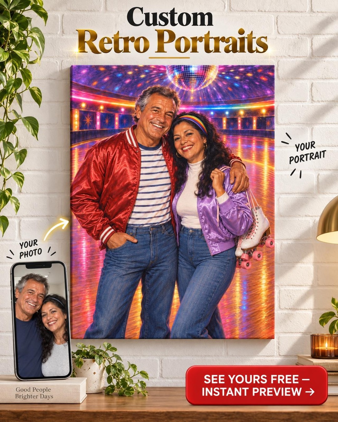 Roller Disco Couple Custom Portrait from Photo | Personalized Disco Portrait Gift