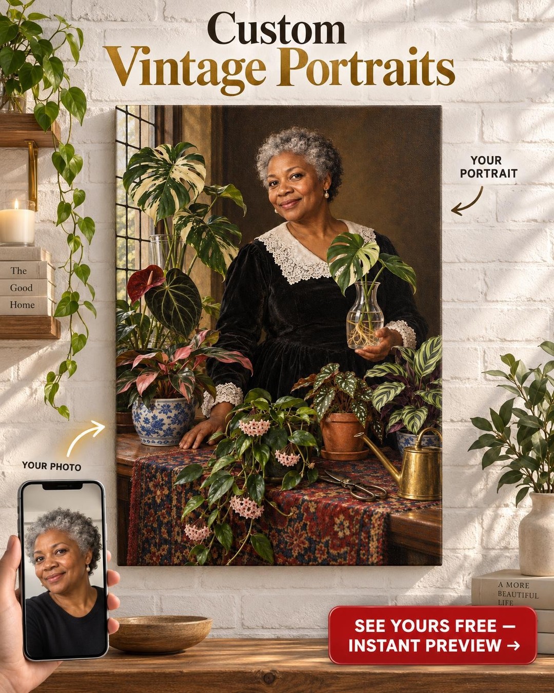Dutch Golden-Age Botanical Custom Portrait from Photo | Personalized Houseplants Portrait Gift