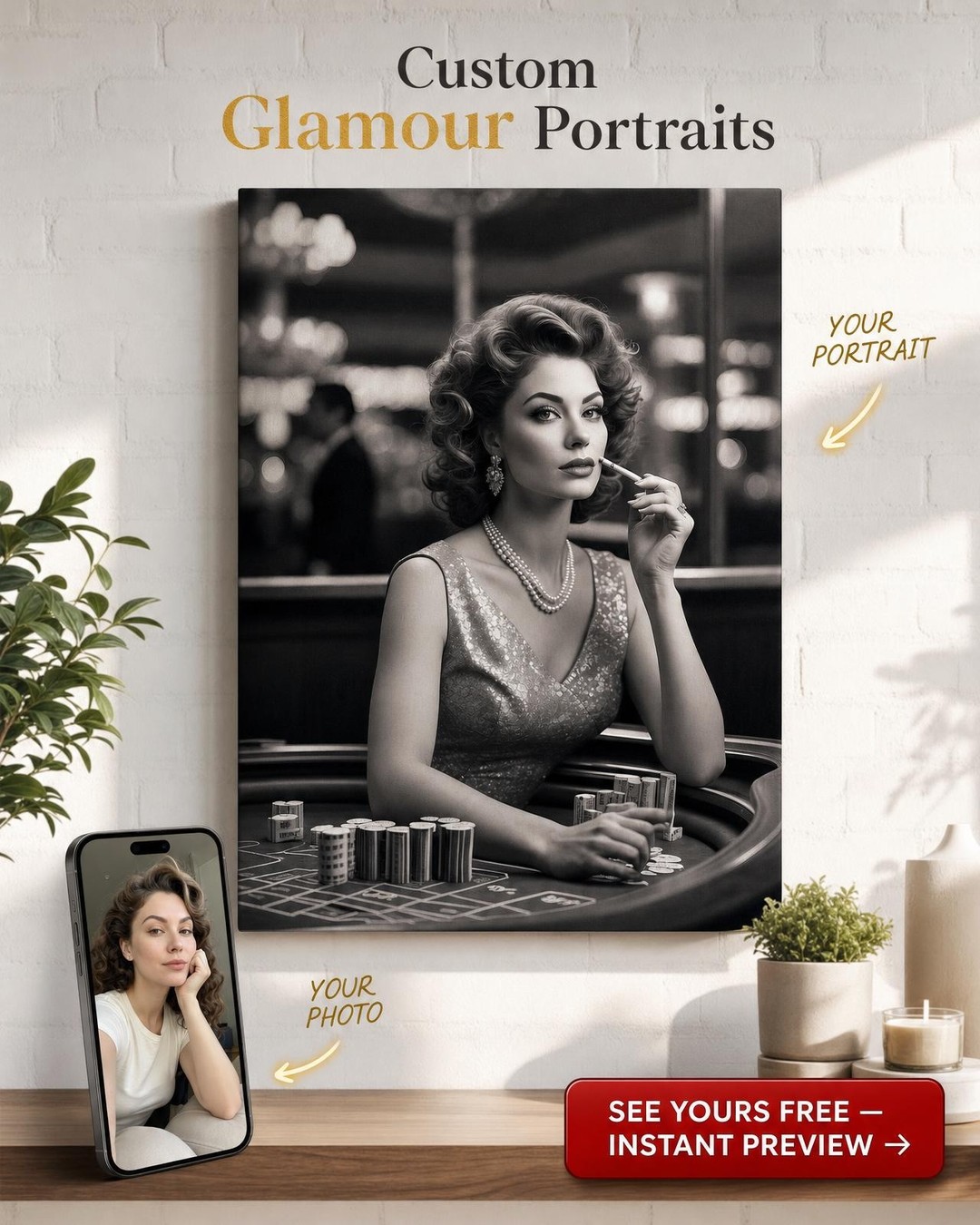 Custom Royal Woman Portrait — Whimsical Casino Glamour Canvas