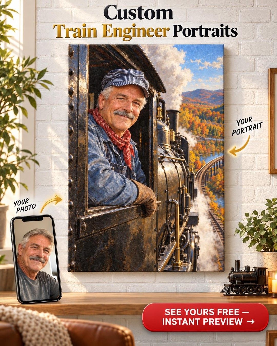 Steam Engineer Custom Portrait from Photo | Personalized Railroad Portrait Gift