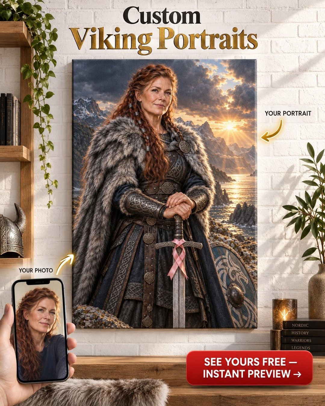 Cancer Warrior Woman Viking Shieldmaiden Custom Portrait from Photo | Personalized Cancer Warrior Gift