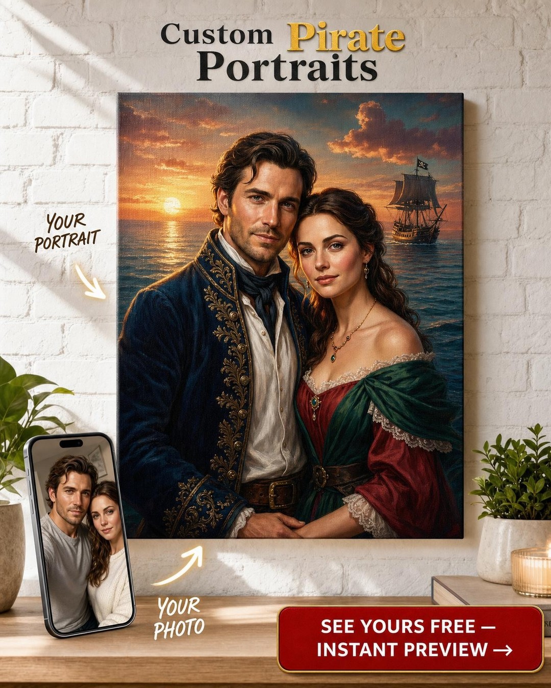 Custom Pirate Couple Portrait — Romantic Canvas