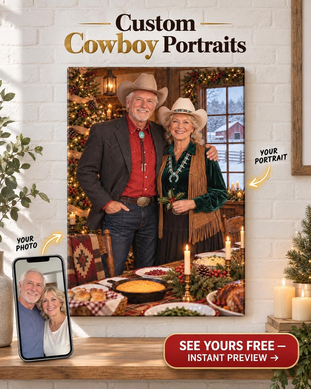 Custom Western Christmas Couple Portrait — Farmhouse Christmas Dinner, Canvas from Photo