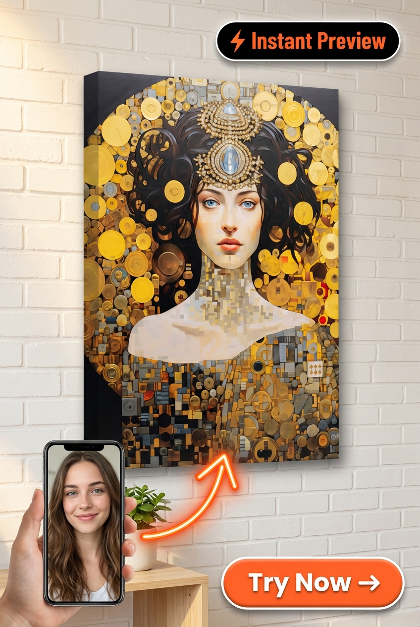 Custom Mosaic Woman Portrait — Whimsical Golden Circle Canvas