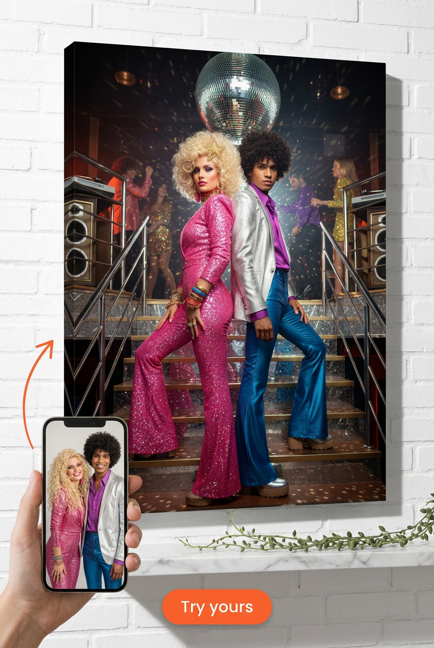 Custom Pop Art Couple Portrait — Festive Disco Dance Floor Canvas