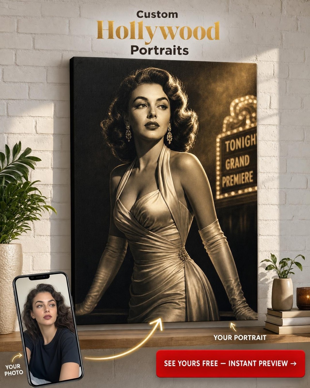 Vintage Hollywood Starlet Custom Portrait from Photo | Personalized Canvas Gift