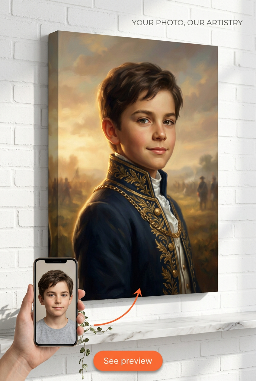 Custom Royal Boy Portrait — Regal Military Canvas from Photo