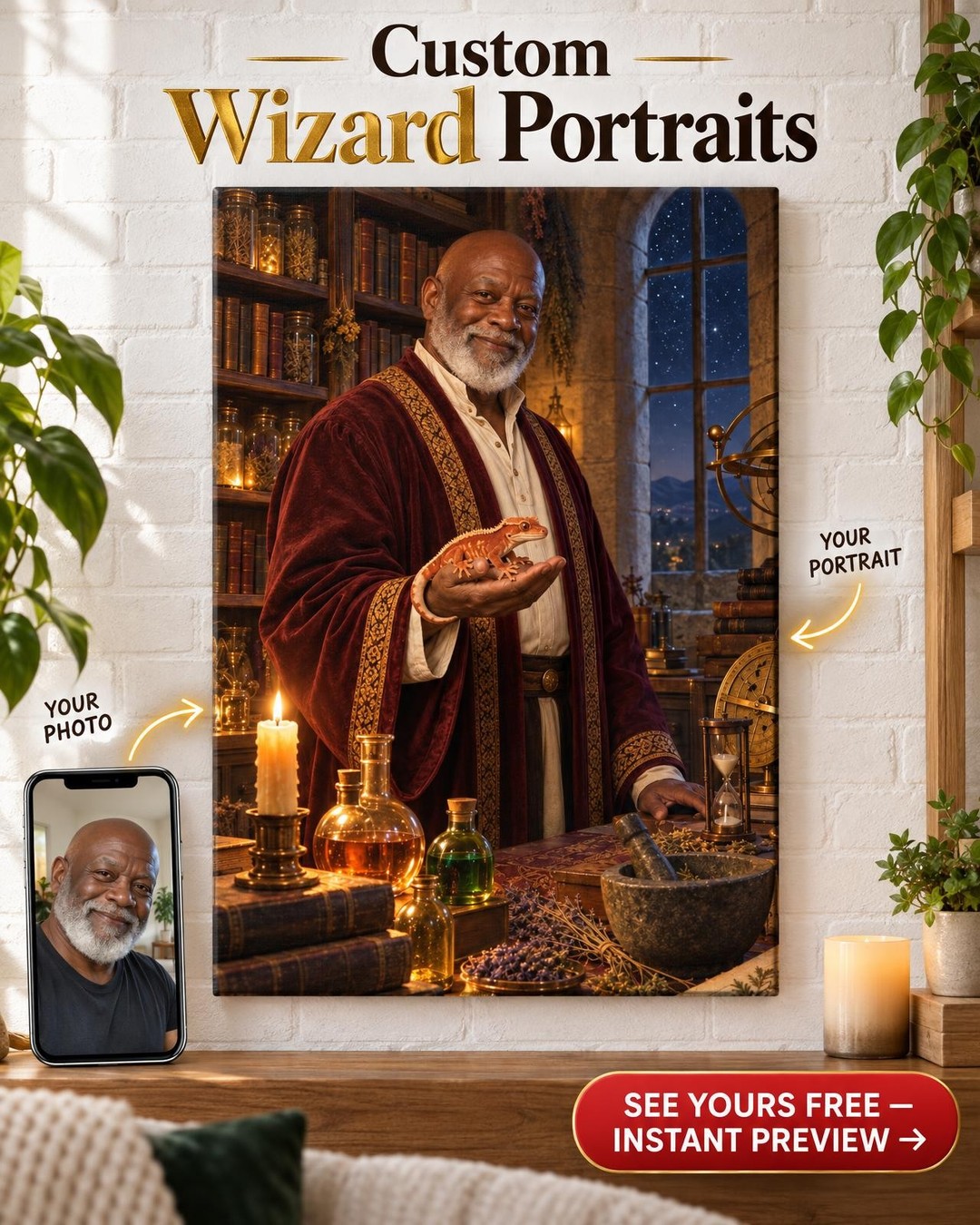 The Alchemist's Study Custom Portrait from Photo | Personalized Reptile Keeper Gift