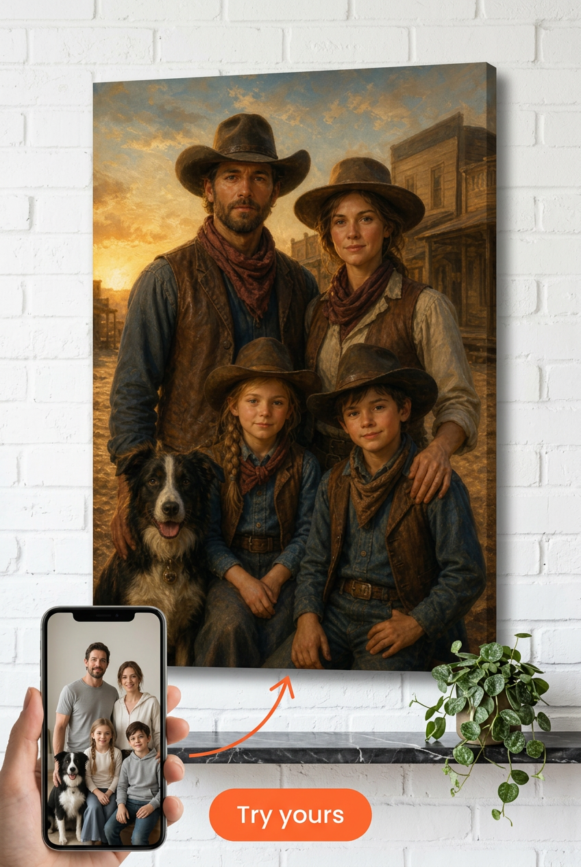 Custom Cowboy Family Portrait — Nostalgic Western Canvas from Photo