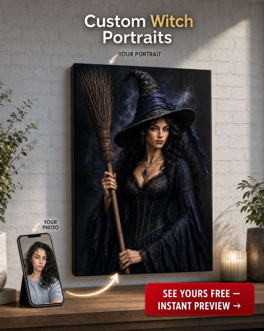 Vintage Broomstick Witch Portrait from Photo
