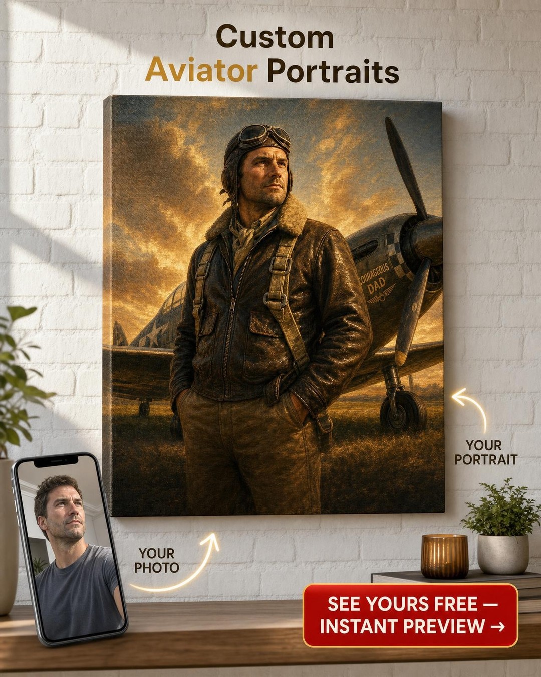 Custom Pilot Single-Man Portrait — Regal AI Art from Photo