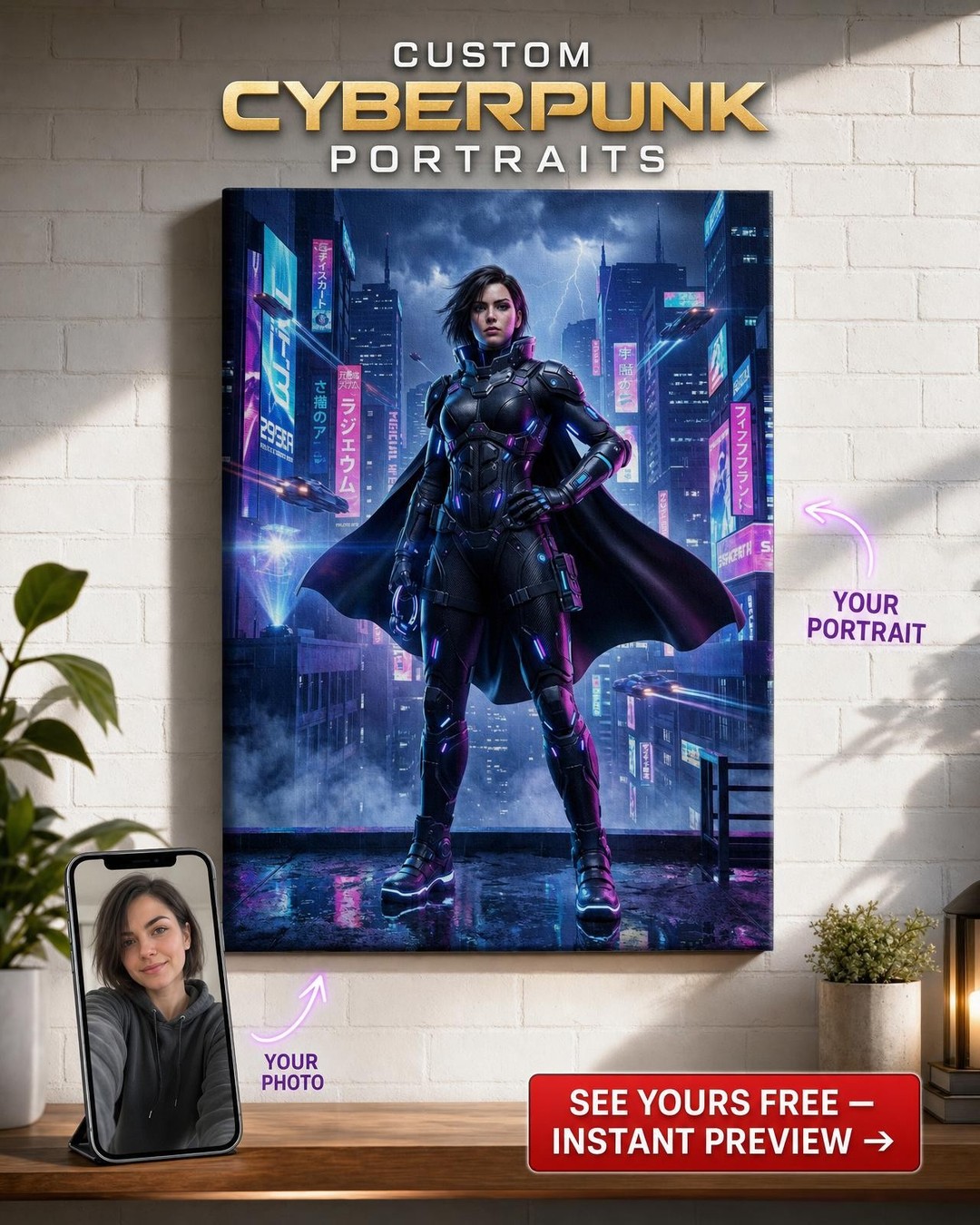 Custom Cyberpunk Man Portrait — Neon Heroic Canvas for Woman