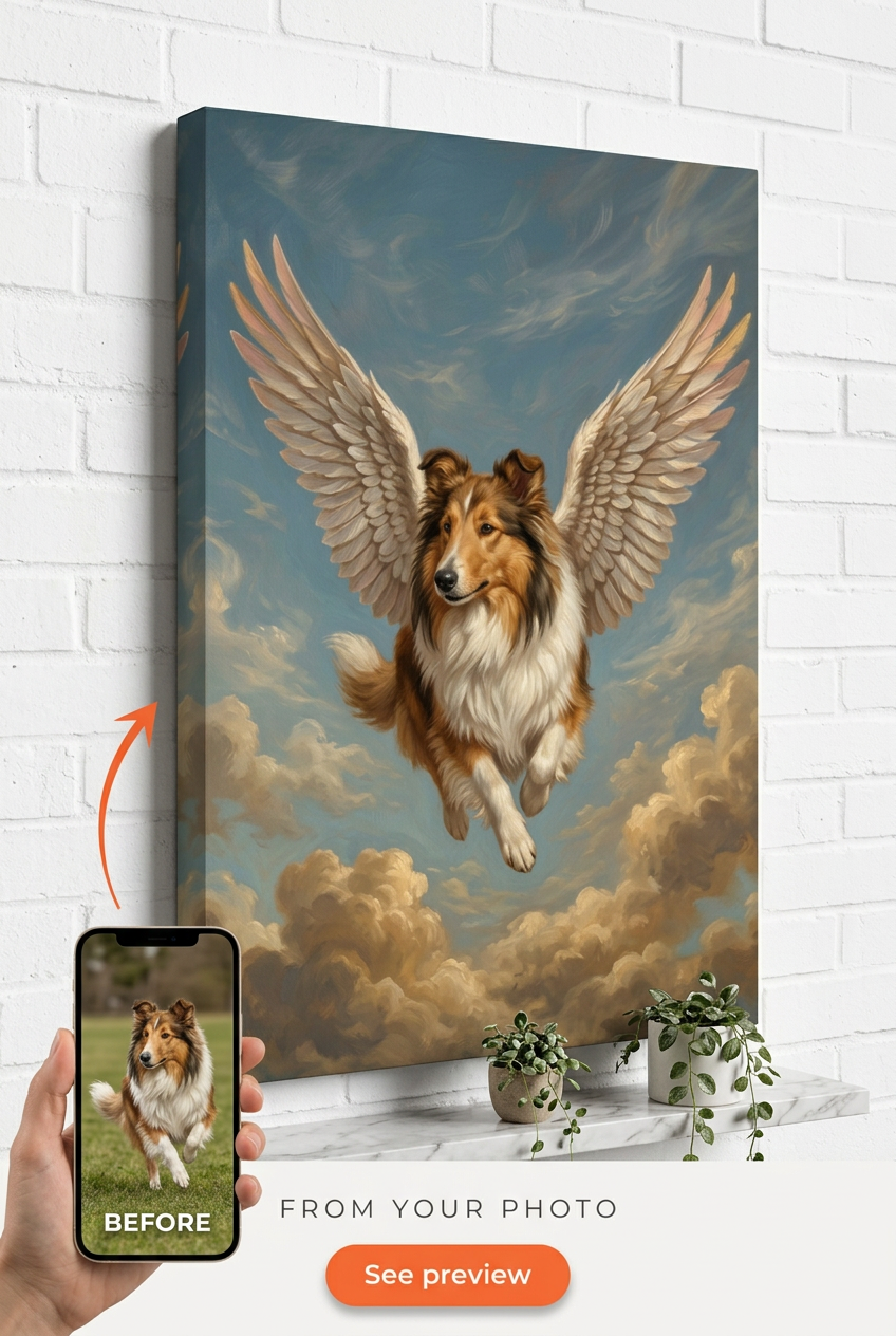 Custom Fantasy Dog Portrait — Whimsical Angel Wings Canvas