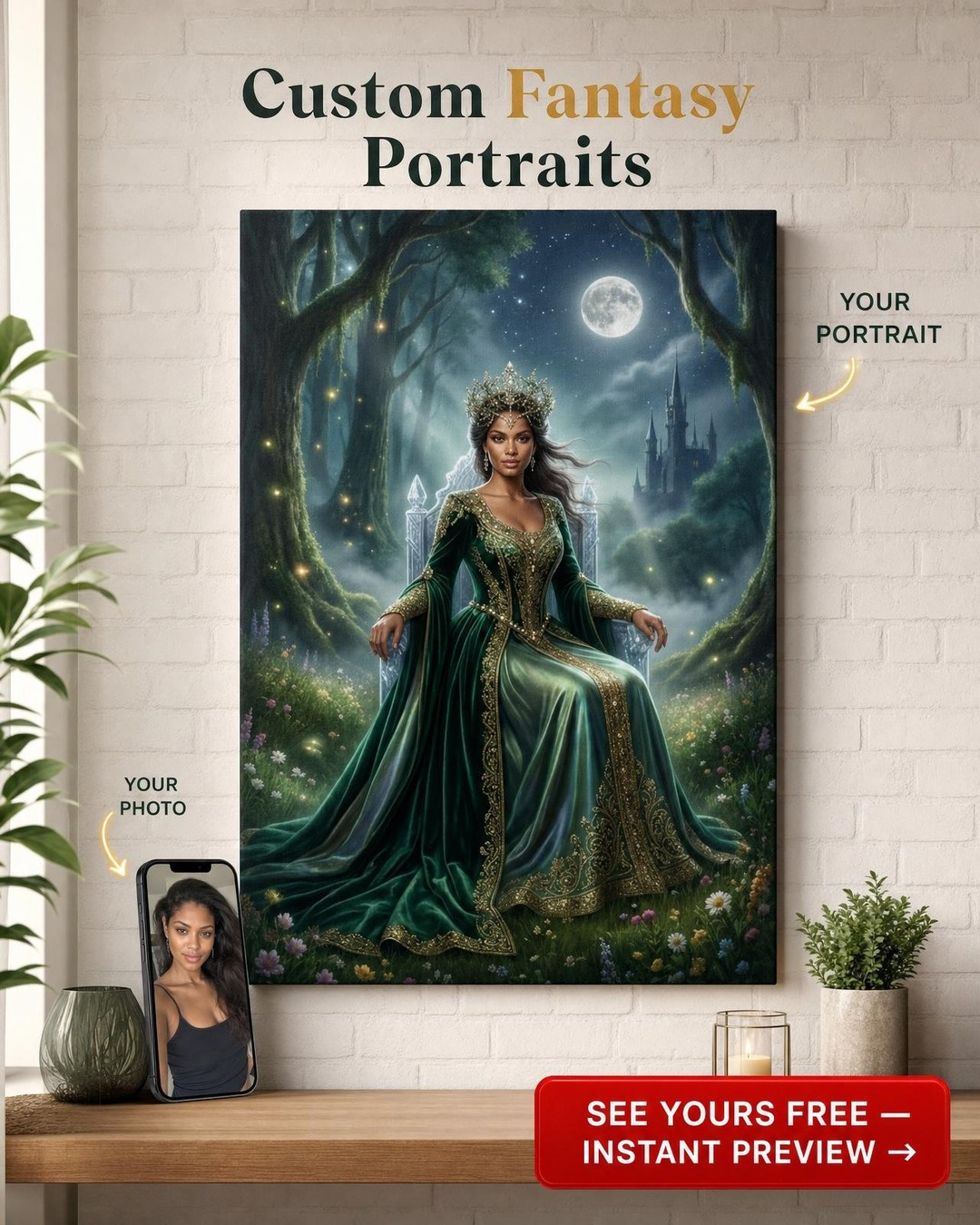 Custom Fantasy Woman Portrait — Whimsical Crown & Castle Canvas