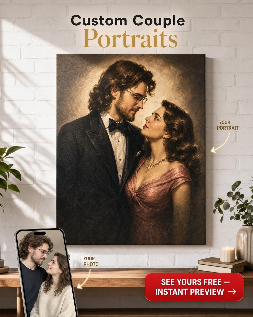 Custom 1940s Hollywood Glamour Couple Portrait — AI-regenerated portrait persona