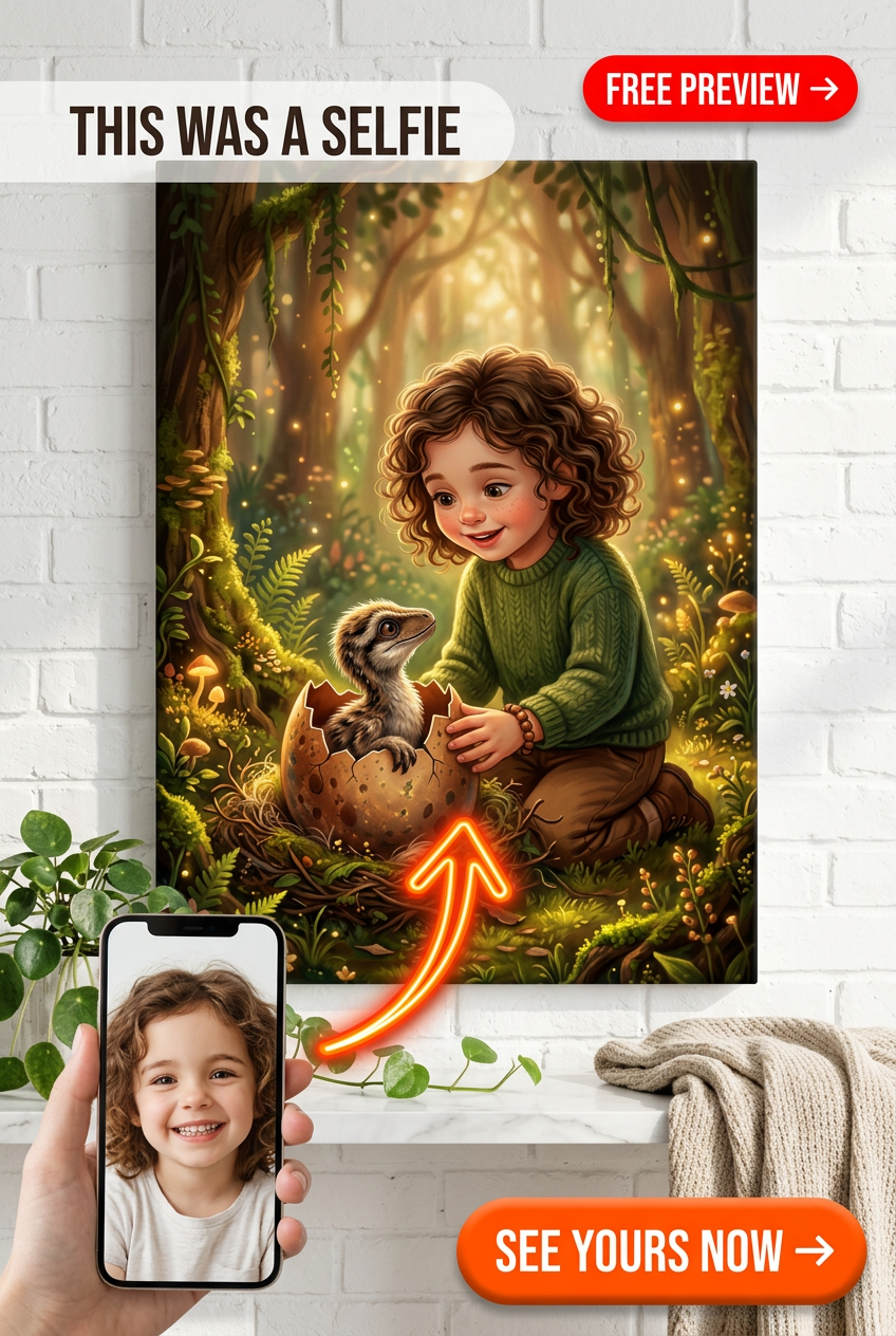 Custom Fantasy Child Portrait — Dinosaur Egg Adventure Canvas