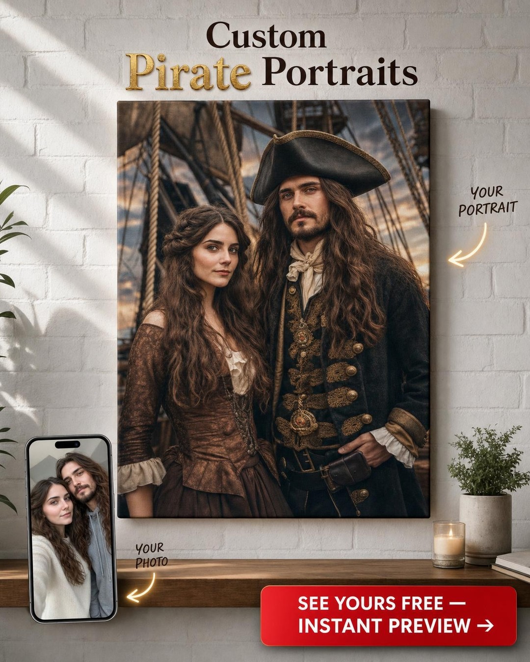 Custom Pirate Couple Portrait — Romantic Adventure