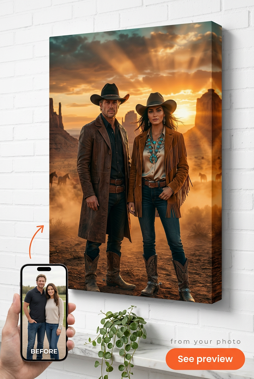 Custom Cowboy Couple Portrait — Heroic Western Canvas from Photo