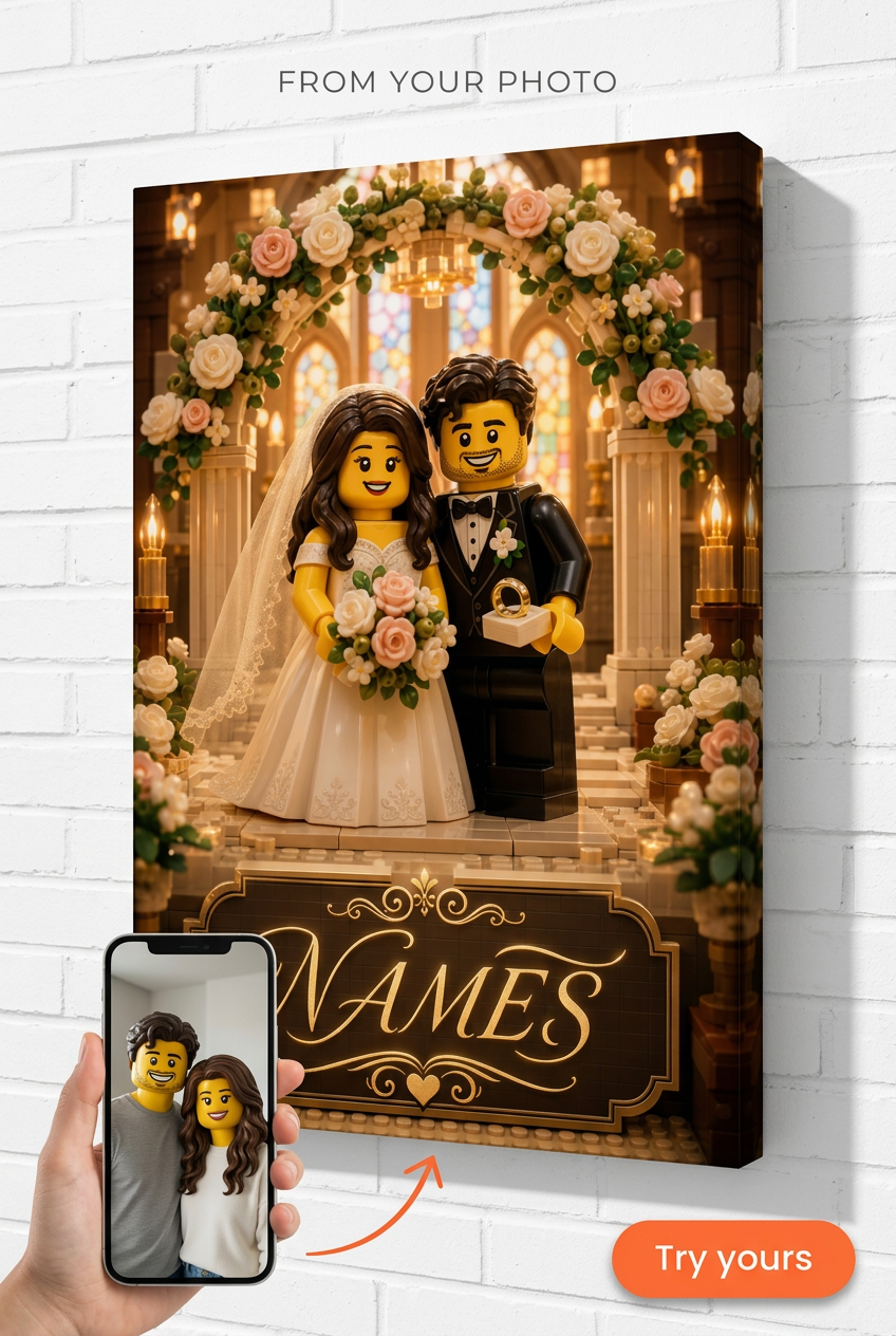 Custom Brick Minifigure Wedding Couple Portrait from Photo | Personalized Gift