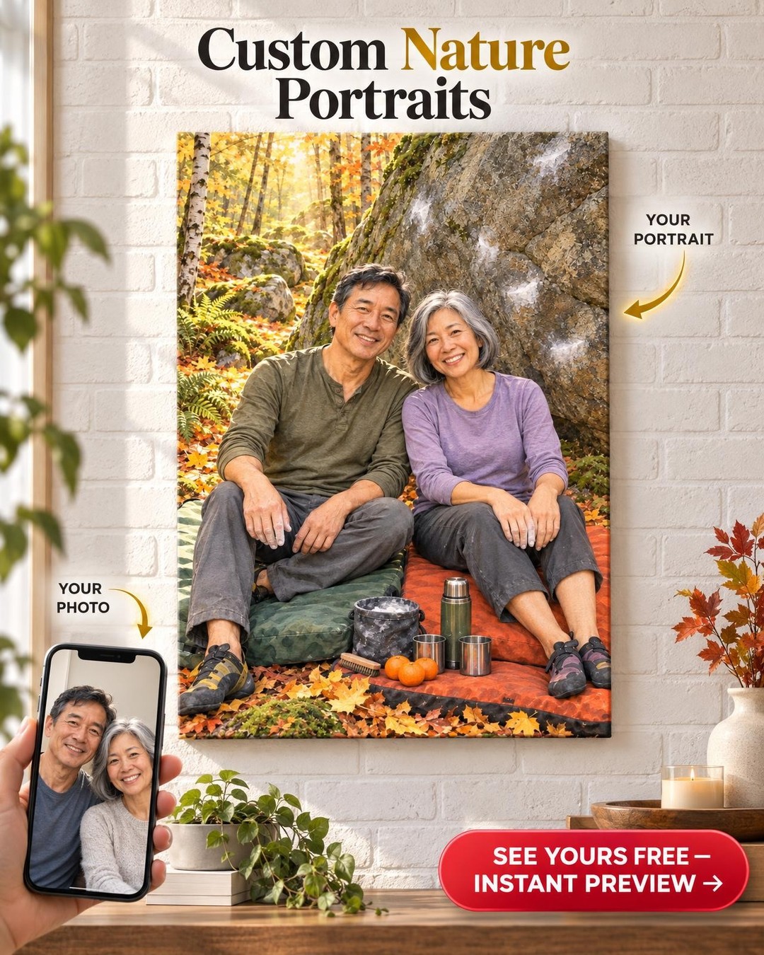 Bouldering Couple Custom Portrait from Photo | Personalized Rock Climbing Gift