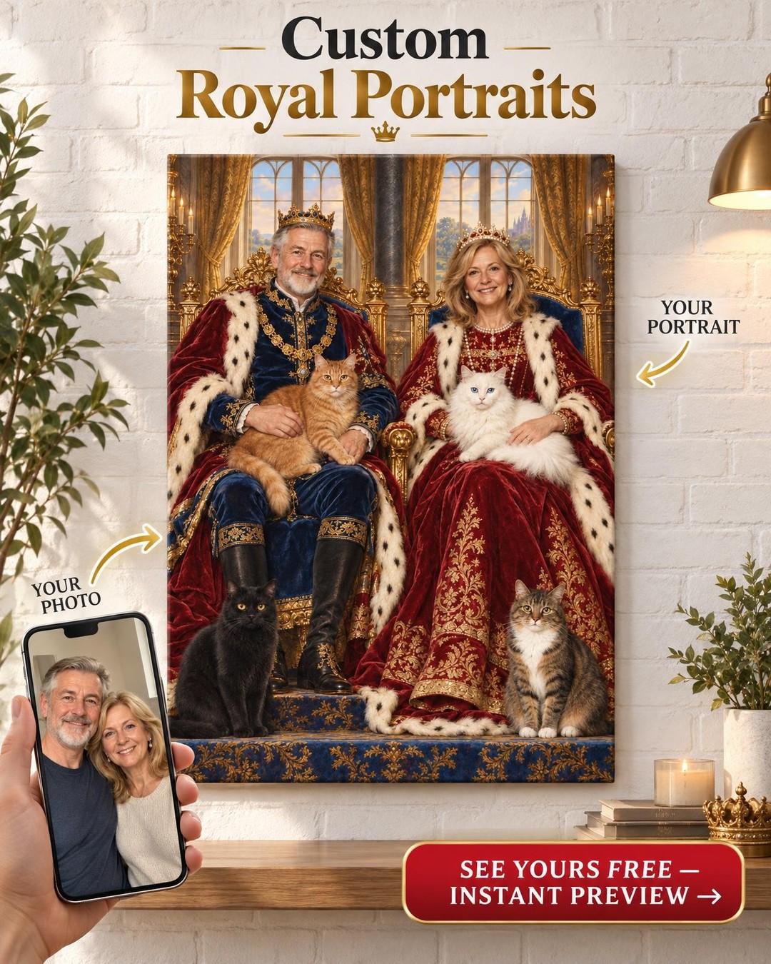 King and Queen with Their Cats Custom Portrait from Photo | Personalized Cat Family Portrait Gift