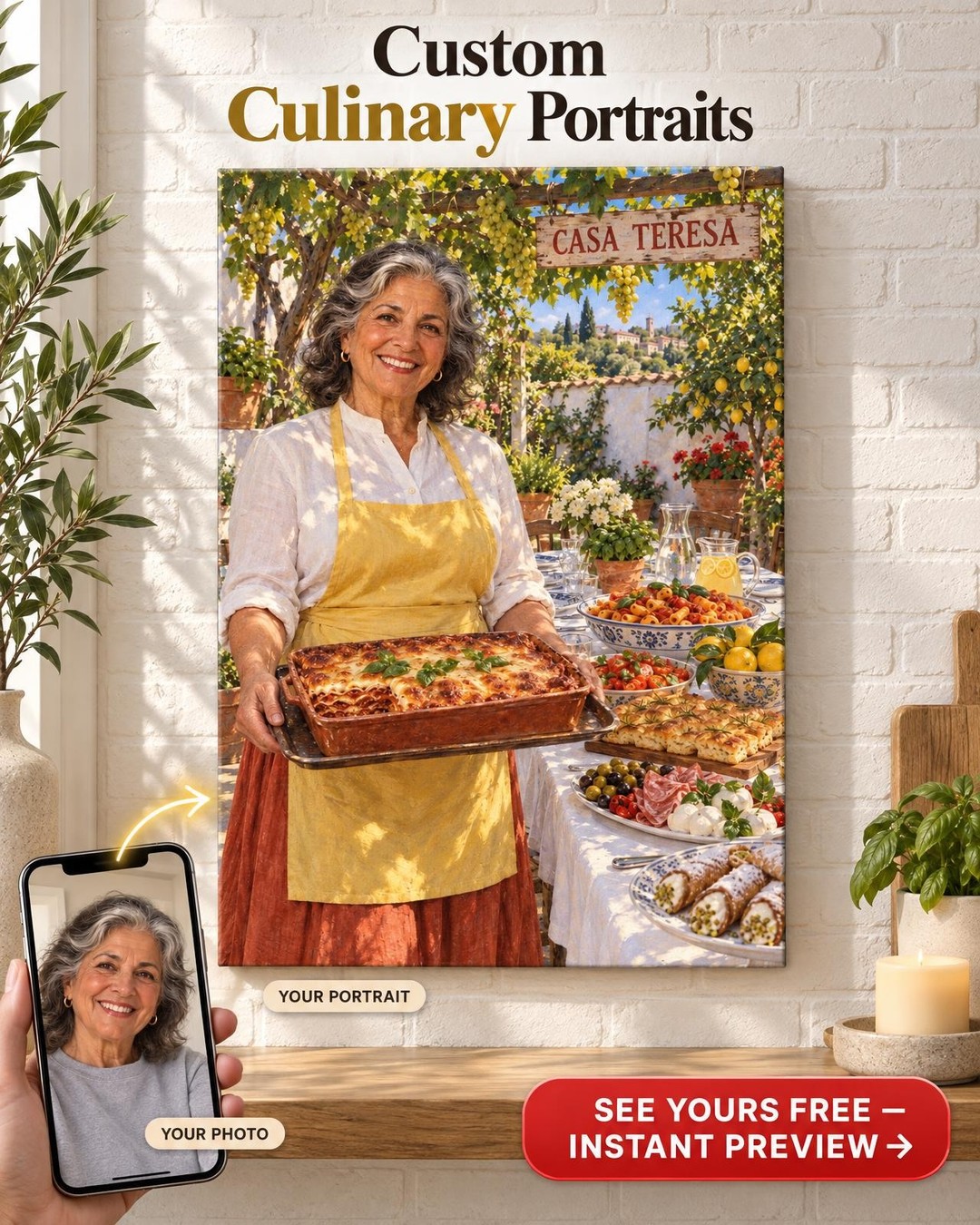 Italian Sunday Dinner Custom Portrait from Photo | Personalized Hostess Portrait Gift